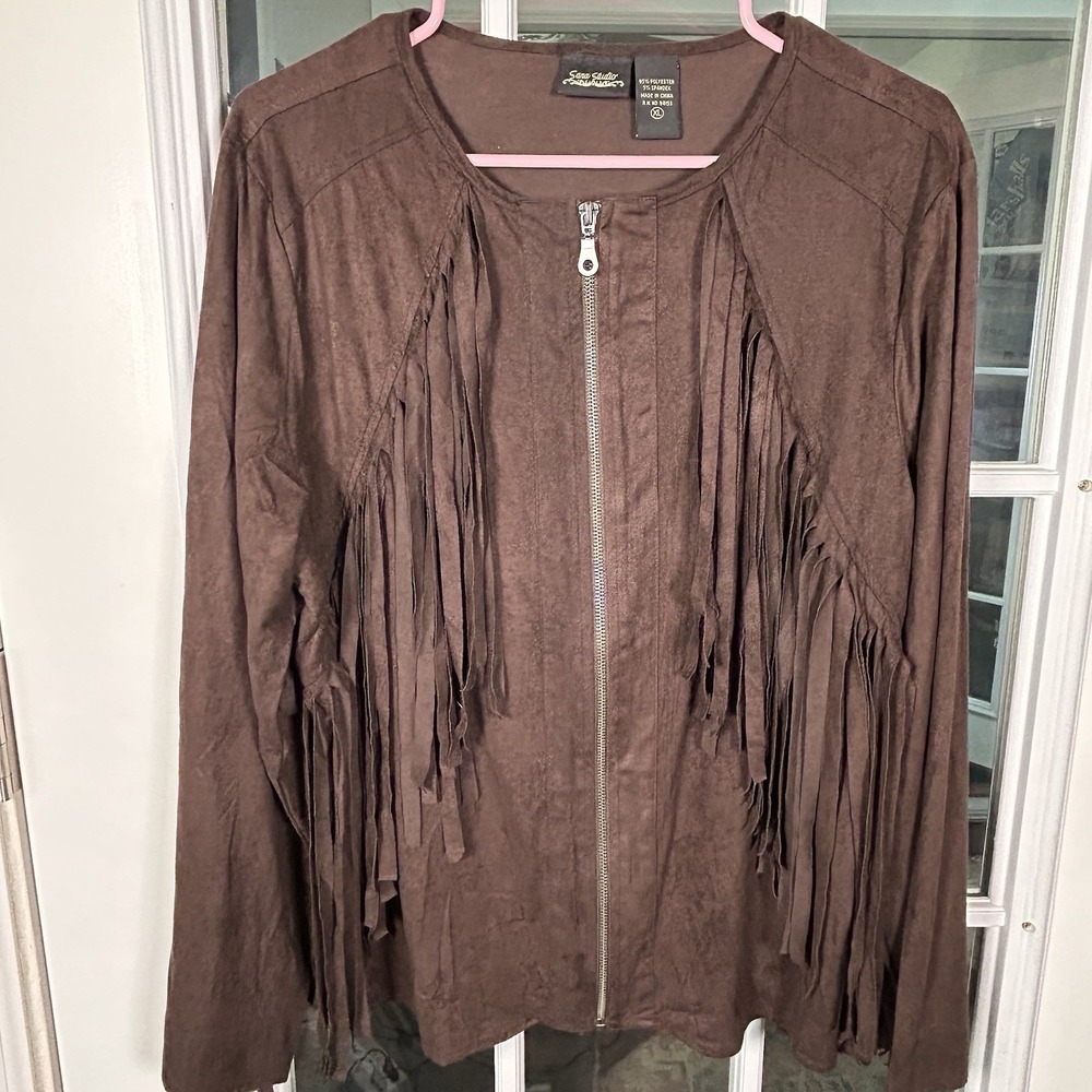 Sara Studio Y2K Brown Faux Suede Fringe Zip Front Boho Western Jacket XL